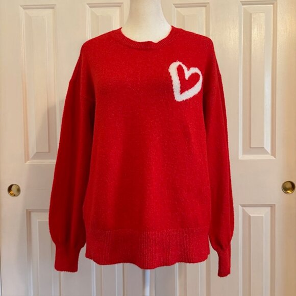 Loft Bright Red Crewneck Sweater with White Heart Design Women's Size Small - Picture 1 of 7